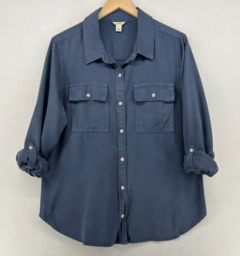 LL BEAN Top Womens LP Petite Soft Washed Utility Twill Button Up Roll Tab Blue